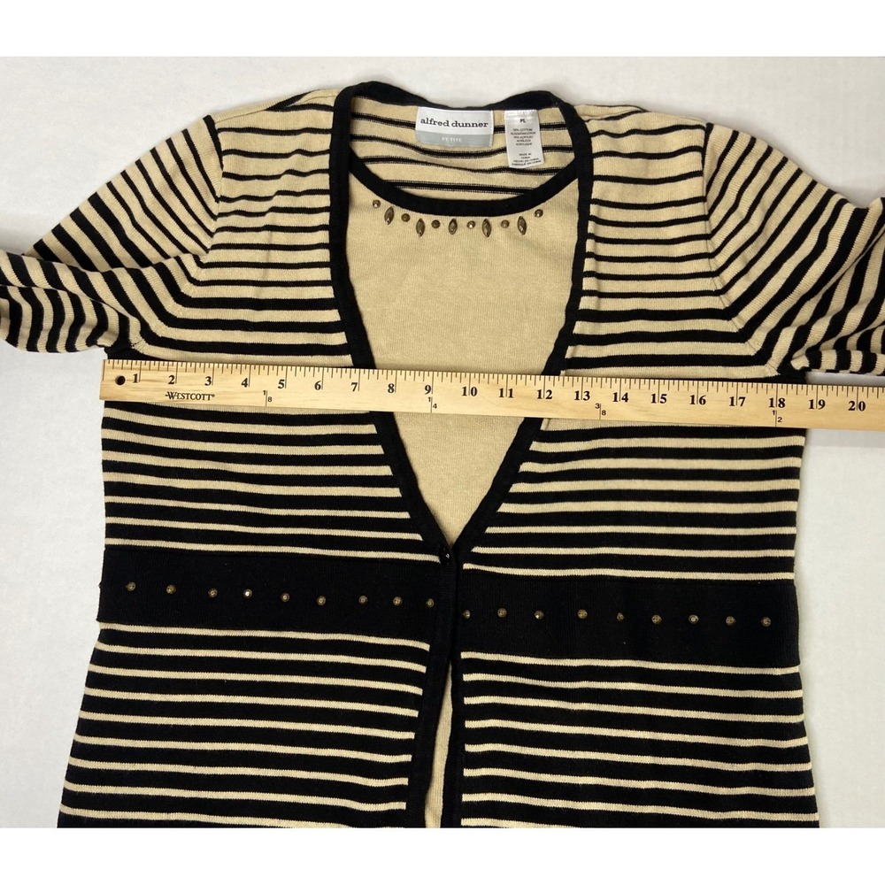 Alfred Dunner Petite Cardigan‎ Sweater Top Tan Black Striped Beaded Size PL - Picture 6 of 9